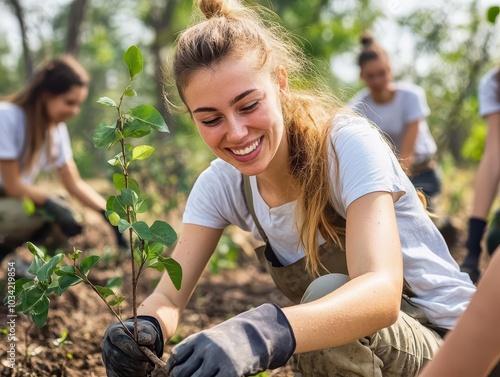 Young woman smiles while planting a tree with a group of friends.