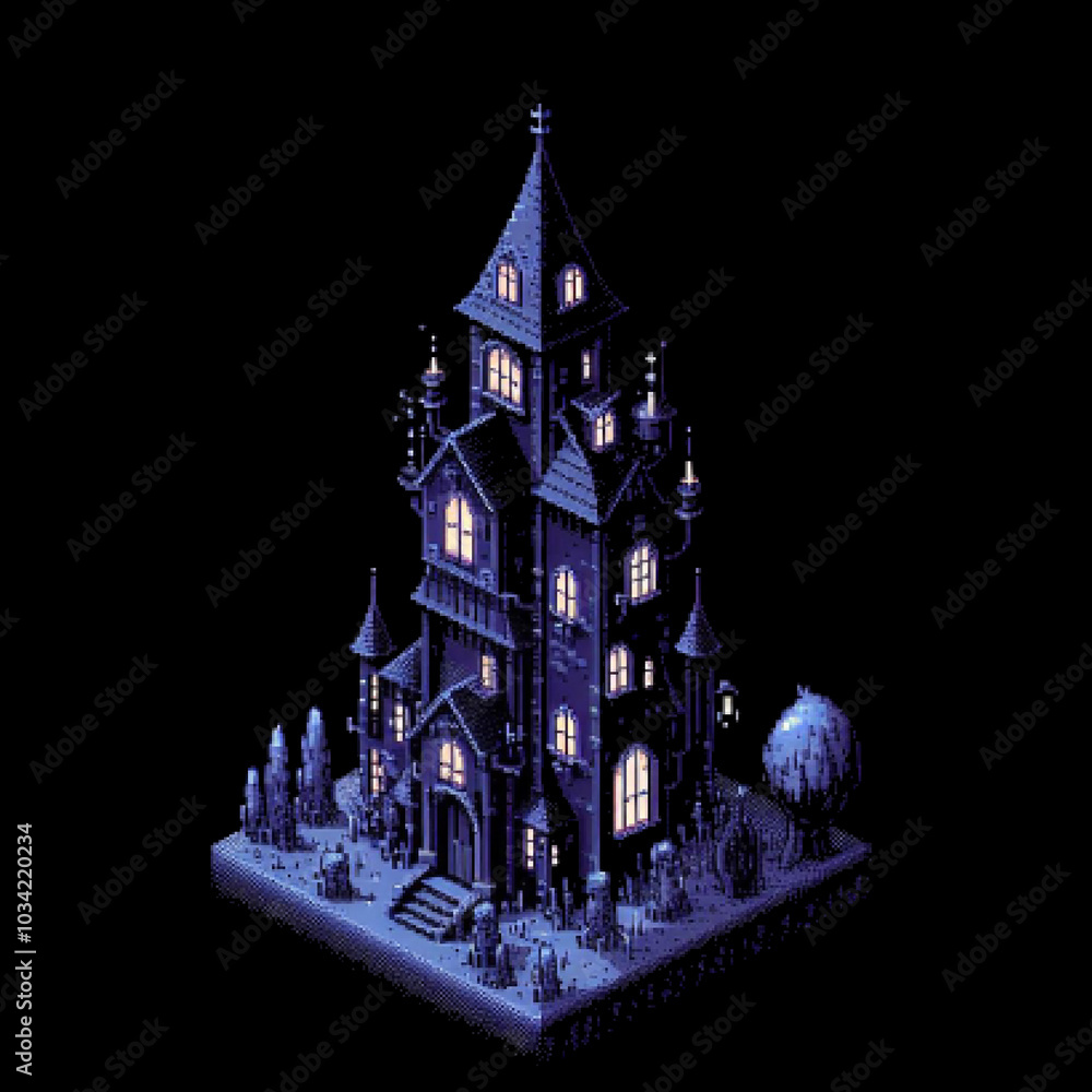 Fototapeta premium Isometric pixel art scary house in the night