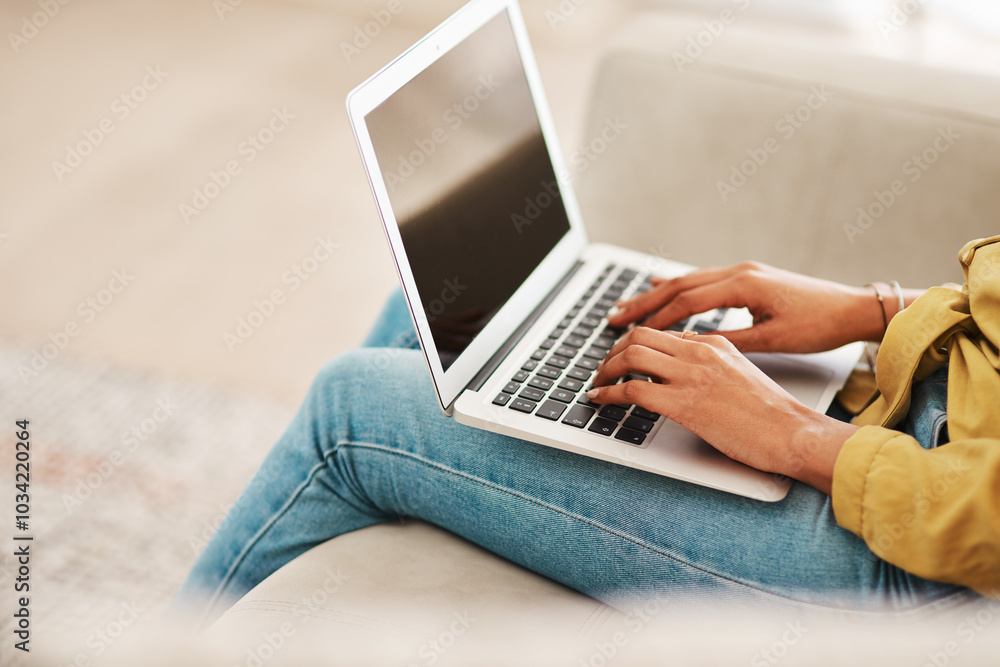 Naklejka premium Woman, relax and hands with laptop screen on sofa for website, research or browsing on internet. Network, person and technology with mockup space at home for online shopping, information or ecommerce