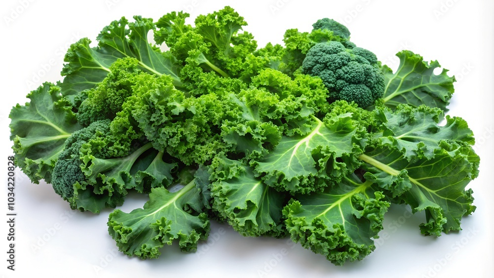 A bunch of kale leaves spread out against a white surface, showcasing their vibrant green color and fresh texture A bunch of kale leaves spread out against a white surface, showcasing their vibrant green color and fresh texture