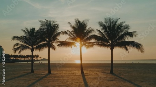 Three palm trees silhouetted against a sunrise on a sandy beach.