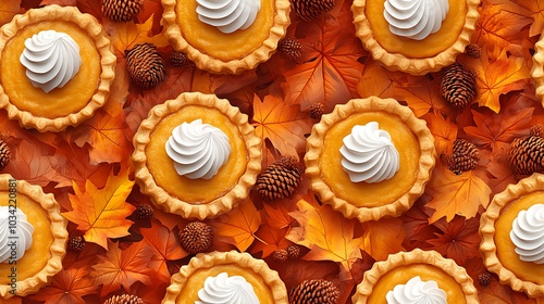 Pumpkin pies with whipped cream smiles, scattered across a seamless background of warm-toned autumn leaves, cozy lighting and soft shadows enhance the inviting Thanksgiving vibe. --ar 16:9 --tile