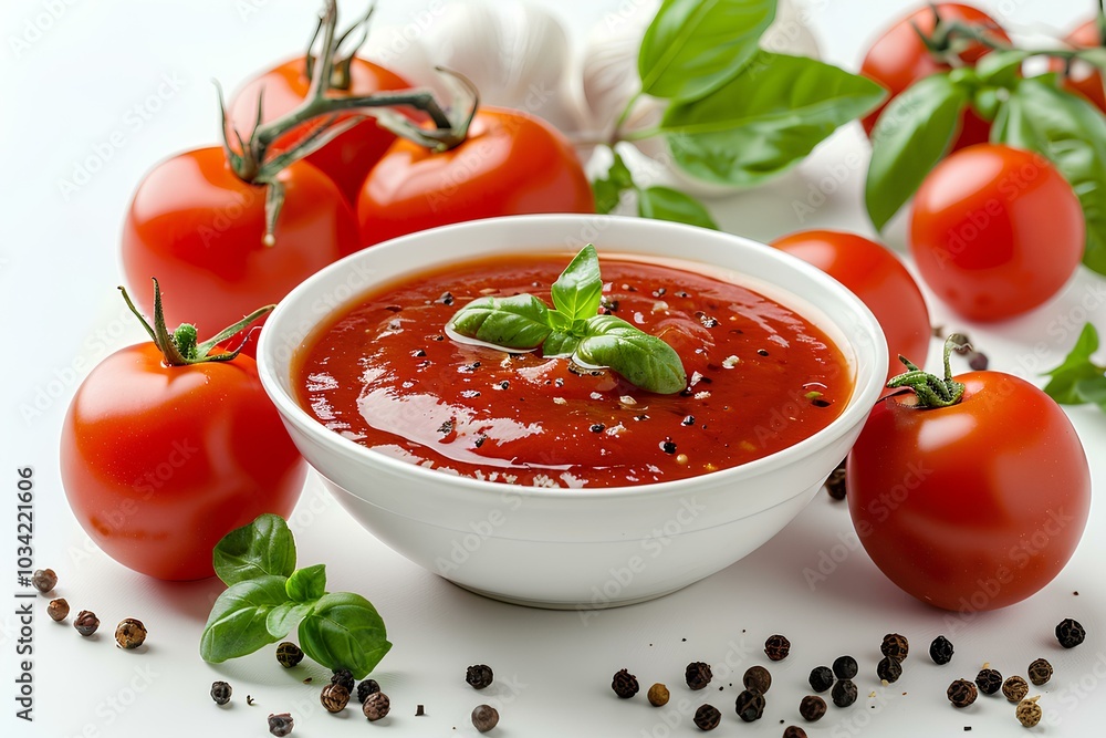 A bowl of tomato sauce surrounded by tomatoes and garlic A bowl of tomato sauce surrounded by tomatoes and garlic