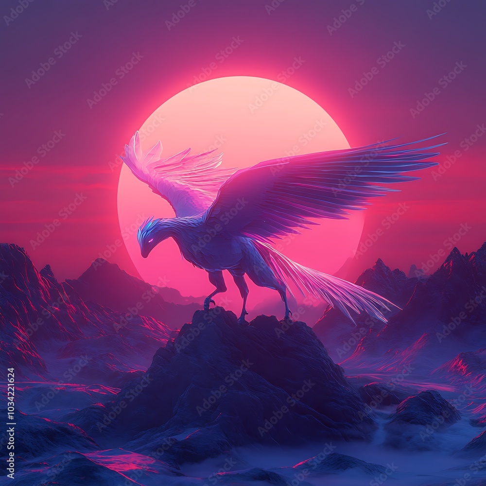 A majestic bird with large wings perched on a rocky peak against a vibrant sunset, evoking a sense of wonder. A majestic bird with large wings perched on a rocky peak against a vibrant sunset, evoking a sense of wonder.