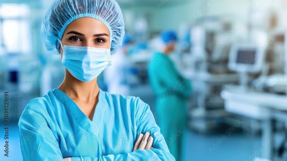A woman in a blue scrubs is wearing a mask A woman in a blue scrubs is wearing a mask