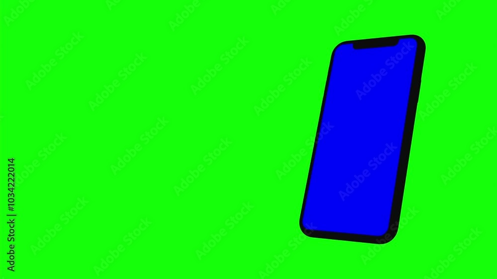 Black smartphone turns on on green background. Easy customizable blue screen. Computer generated image. Black smartphone turns on on green background. Easy customizable blue screen. Computer generated image.