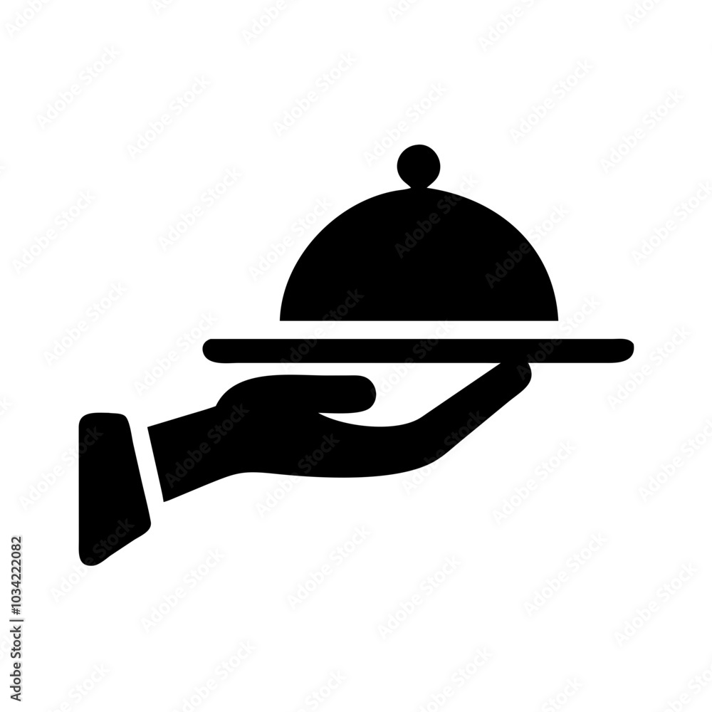 Silhouette of a hand holding a cloche on a serving tray in a minimalist style
