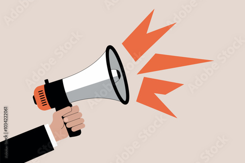 Hand holding a megaphone, concept of advertisement, marketing and sales.