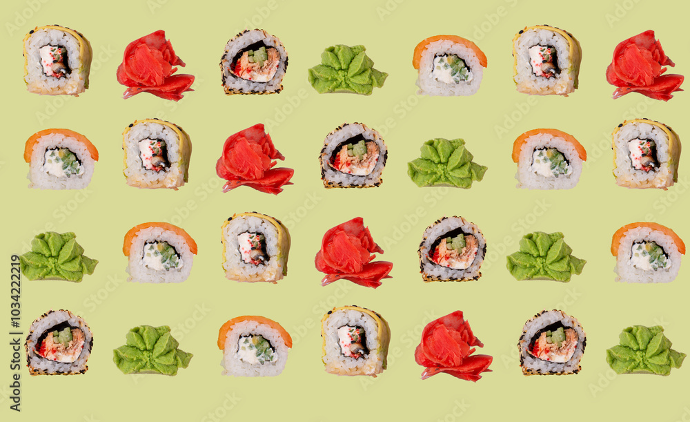 Pattern collage from japanese sushi roll and wasabi Pattern collage from japanese sushi roll and wasabi