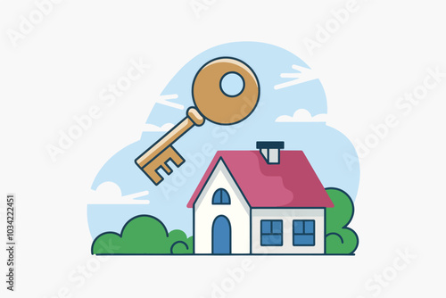 Key with house next to it, concept of investment, property and mortgage.