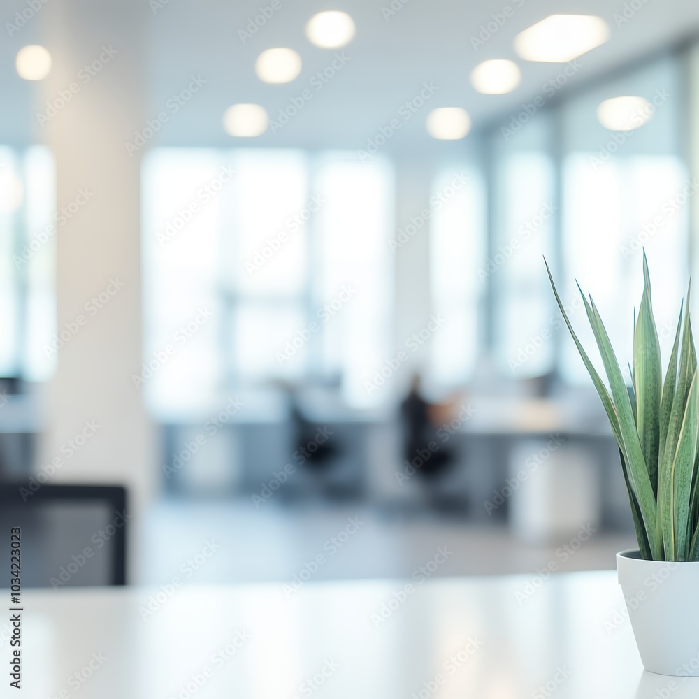 A modern office setting with a succulent plant in focus and blurred workspaces in the background. A modern office setting with a succulent plant in focus and blurred workspaces in the background.