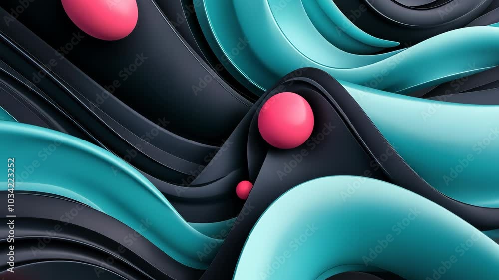 Pink spheres navigating abstract turquoise waves Pink spheres navigating abstract turquoise waves
