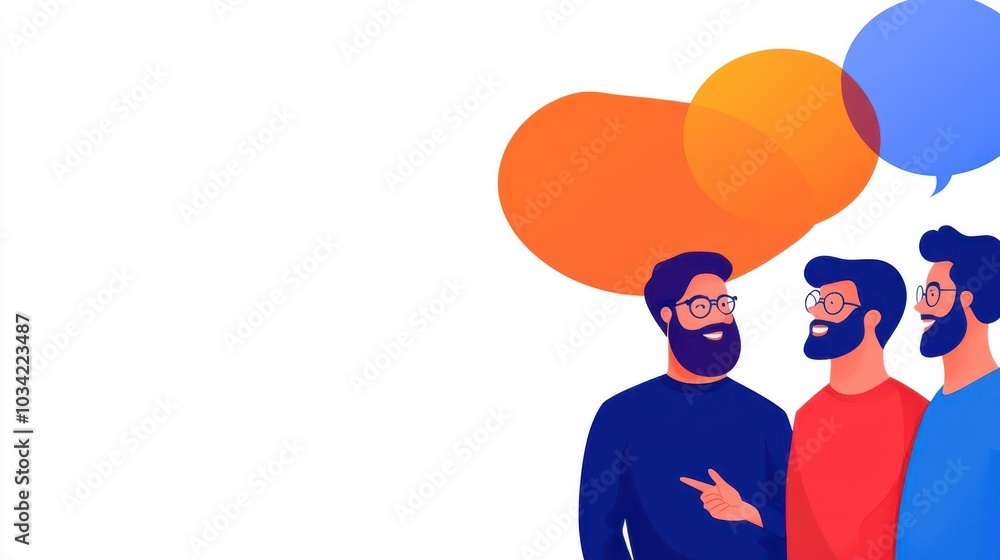 Three men engage in lively conversation with colorful speech bubbles, representing social interaction and communication. Three men engage in lively conversation with colorful speech bubbles, representing social interaction and communication.