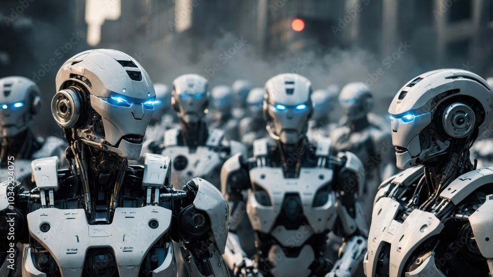A group of humanoid soldier robots, designed for combat with advanced armor and powerful features. Their imposing presence reflects strength and futuristic warfare A group of humanoid soldier robots, designed for combat with advanced armor and powerful features. Their imposing presence reflects strength and futuristic warfare