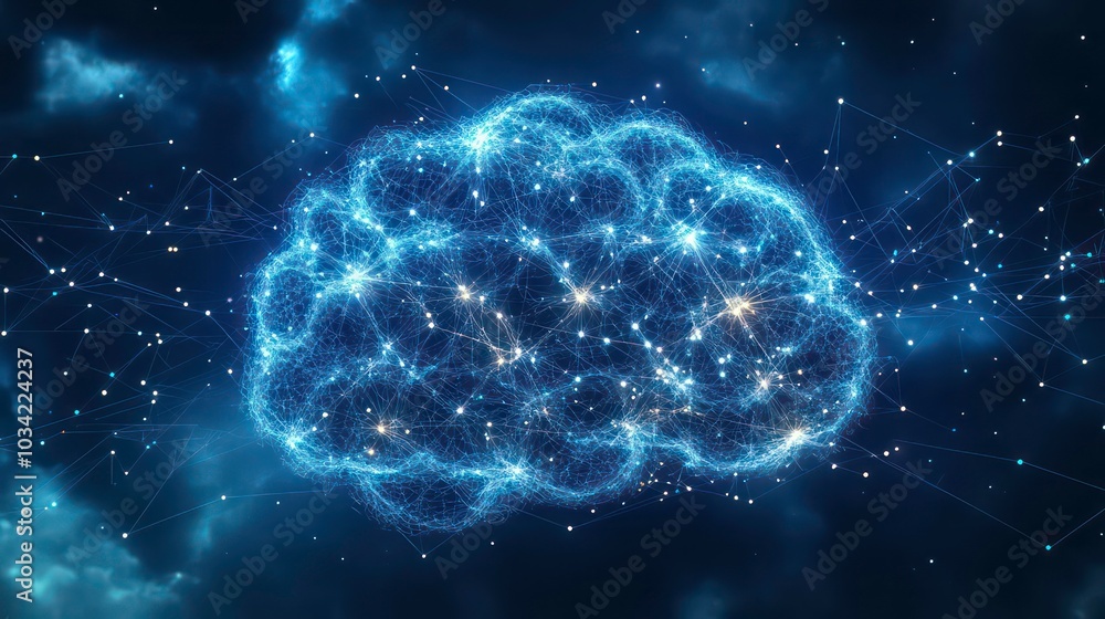A stylized glowing blue brain with interconnected nodes, representing the interconnectedness of thought, ideas, and knowledge. A stylized glowing blue brain with interconnected nodes, representing the interconnectedness of thought, ideas, and knowledge.