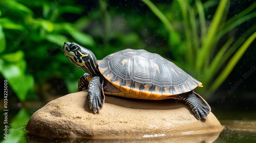 A tranquil scene featuring a turtle basking on a rock in calm water, showcasing the beauty of nature and wildlife in a serene environment. A tranquil scene featuring a turtle basking on a rock in calm water, showcasing the beauty of nature and wildlife in a serene environment.