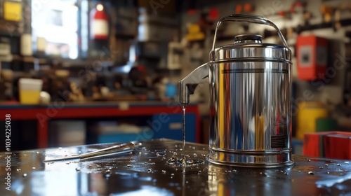 A metal oil can on an industrial workshop surrounded by tools and machinery photo