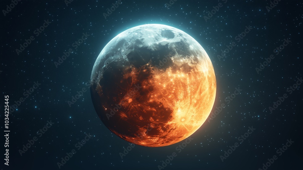 Obraz premium Dramatic Moon with Contrasting Warm and Cool Tones Against Stars - Made with Generative AI