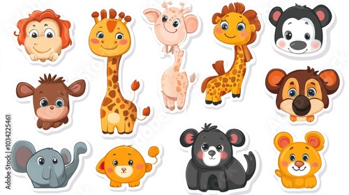 A charming set of cartoon animal stickers, with cute faces and playful expressions, displayed on a white background, great for children illustrations.