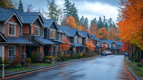 A quiet suburban street lined with colorful houses in autumn, with a car driving by.