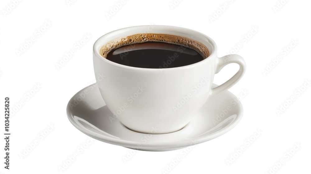 A fresh, dark Americano coffee in a small white espresso cup, isolated on a plain white background for a classic look. A fresh, dark Americano coffee in a small white espresso cup, isolated on a plain white background for a classic look.