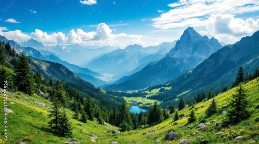 Fototapeta premium Stunning mountain landscape aerial view of majestic mountain scenery nature scene