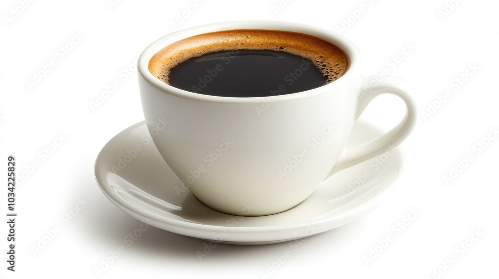 A fresh, dark Americano coffee in a small white espresso cup, isolated on a plain white background for a classic look. A fresh, dark Americano coffee in a small white espresso cup, isolated on a plain white background for a classic look.
