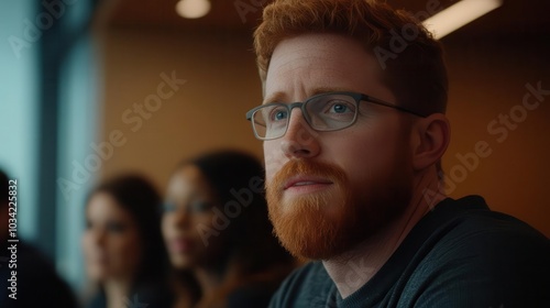 A thoughtful man with red hair and glasses, deep in concentration during a group discussion in a modern office setting.