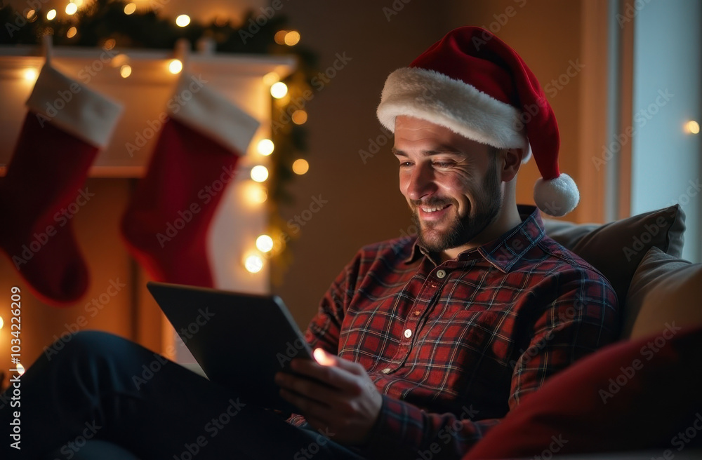 Smiling man in a Santa hat using a tablet near Christmas stockings and lights Smiling man in a Santa hat using a tablet near Christmas stockings and lights