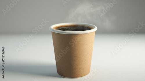 A paper cup filled with hot Americano coffee and steam rising, placed on a white background for a warm and inviting feel.