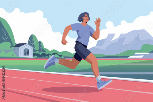 Person running on a running track, physical activity and sports concept.