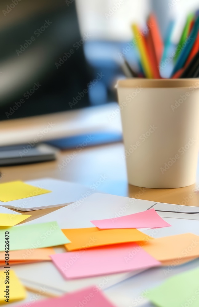 Fototapeta premium Colorful sticky notes scattered on a desk with office supplies in the background.