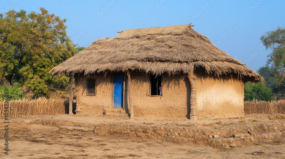 A rural village house made of mud with a thatched straw roof, reflecting the simple homes of poorer communities in India A rural village house made of mud with a thatched straw roof, reflecting the simple homes of poorer communities in India