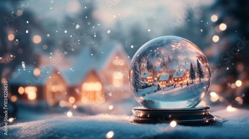 A charming winter village with cozy lights shines inside a glass snow globe, surrounded by a snowy landscape as delicate snowflakes fall during twilight.