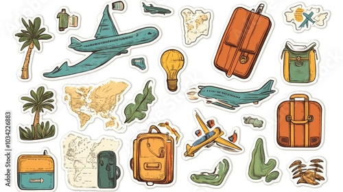 A set of cartoon stickers with travel icons like airplanes, maps, and luggage on a white background, ideal for travel journals and vacation themes. photo