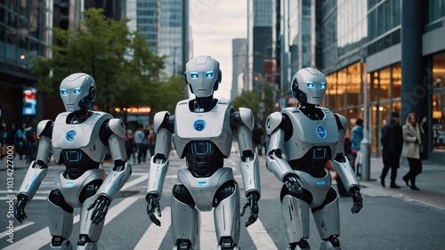 Robotic police officers patrol the city streets, ensuring safety and security with advanced technology, while interacting with citizens