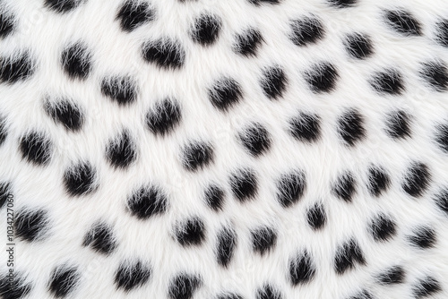 fur pattern featuring black spots on a white background,  coat of a Dalmatian dog. The fur appears soft and fluffy, with varying sizes of spots creating a visually appealing contrast.