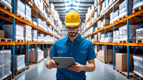 A man in safety gear uses a tablet in a warehouse aisle filled with stacked boxes and shelves.