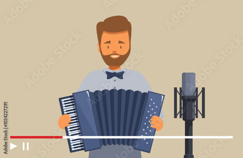 Bearded musician in elegant clothes playing accordion in front of microphone