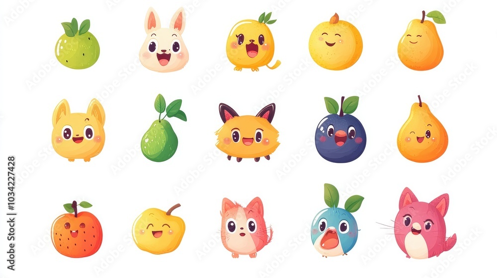 Fototapeta premium A vector set of cartoon character stickers, including adorable pets, fruits, and emojis, set against a clean white background for a whimsical touch.