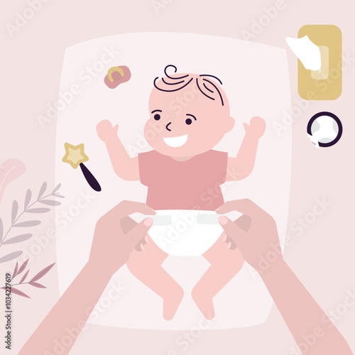 Mother changing a diaper on newborn baby. Motherhood and maternity concept. happy smiling toddler baby boy playing rattle toy. Baby nappy child changing table. Top view.