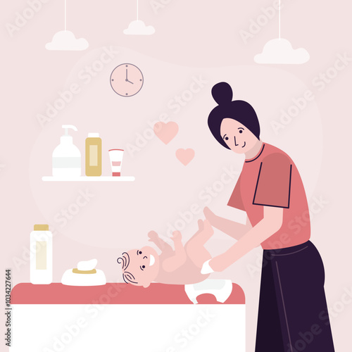 Caucasian mother changing diaper on newborn baby. Motherhood and maternity concept. happy smiling toddler baby. Nappy child on changing table, room interior. Side view.