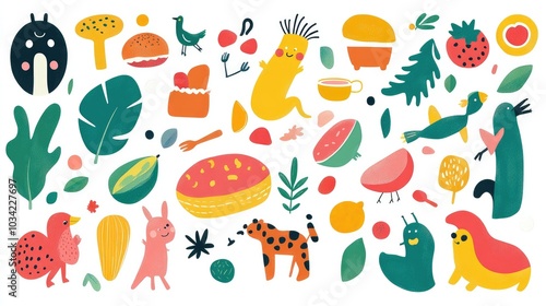 A vibrant vector set of colorful cartoon stickers featuring animals, food, and fun shapes on a crisp white background, perfect for kids' projects.