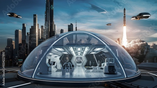 Futuristic Cityscape with Towering Skyscrapers and Advanced Transportation in the Sky photo