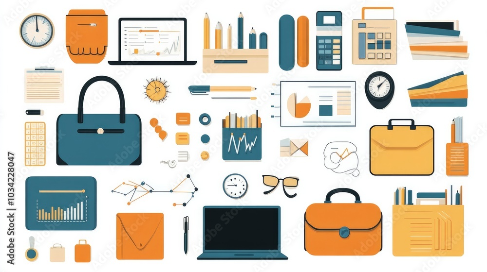 Assorted vector icons of business tools like briefcases, charts, and laptops on a white background, ideal for corporate presentations and marketing. Assorted vector icons of business tools like briefcases, charts, and laptops on a white background, ideal for corporate presentations and marketing.