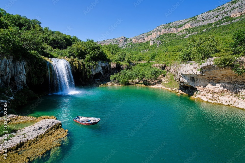 Fototapeta premium A hidden waterfall in the Tirana countryside, surrounded by lush greenery