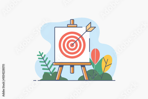 Easel with target, business concept, strategy and objective.