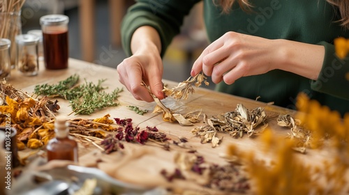 Crafting herbal remedies with dried flowers and herbs in a cozy workspace during the afternoon