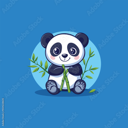 Cute Panda Sitting with Bamboo Leaves Vector Icon Design