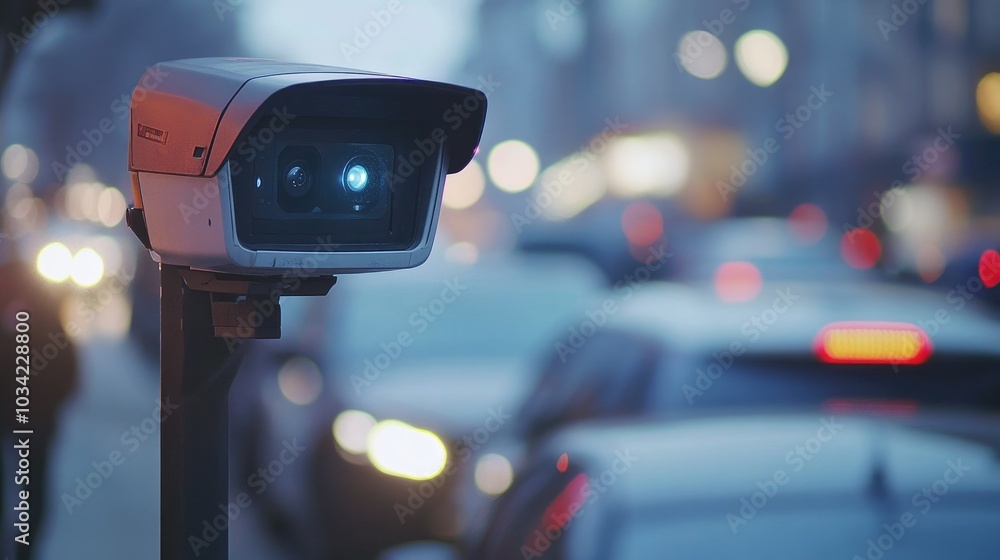 Close-up of a modern speed camera monitoring cars on a bustling city road, highlighting the importance of traffic regulations and public safety. Close-up of a modern speed camera monitoring cars on a bustling city road, highlighting the importance of traffic regulations and public safety.